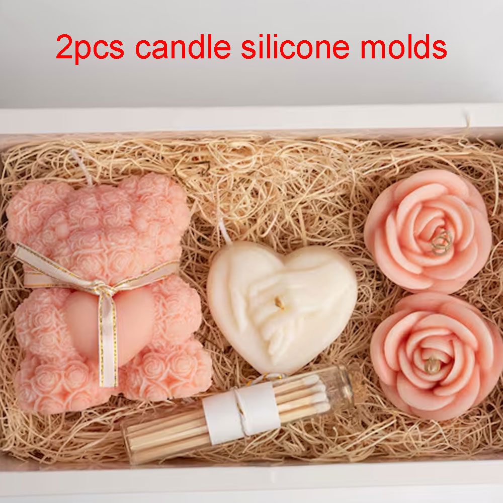 Candle Making Kits - テディベアヒートローズシリコーンキャンドルモールド 3 個レリーフハンドラブ香りキャンドル作成キット DIY フラワー樹脂セラミック花嫁ギフト
