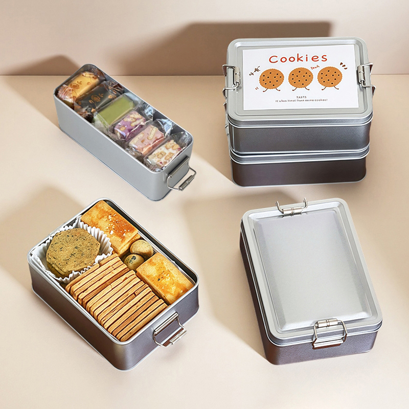 Tin Container Lid - 長方形のブリキ製クッキー缶。蓋付きで、防塵性があり、家庭用、キッチン用、卓上収納に最適。キャンディー、コーヒー、紅茶、アクセサリー、チョコレートなどを保管するのに便利。