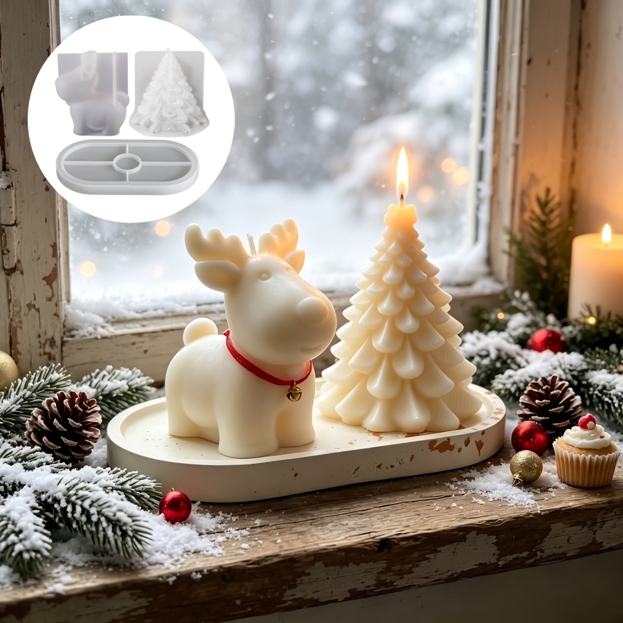 Candle Making Kits - 粘土シリコンモールド3点セット：クリスマス鹿、クリスマスツリーキャンドル、オーバルトレイ、エポキシプラスターキャンドルの製作に適しています。