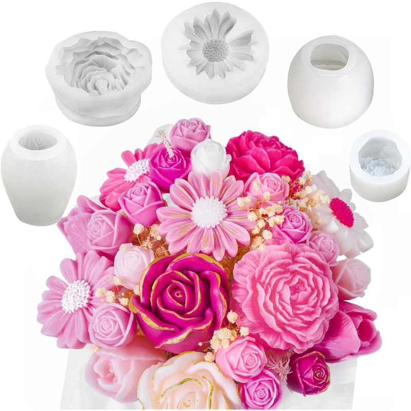 5フラワーキャンドルモールドセット、3D花柄シリコンキャンド - Candle Making Kits のレビューと価格